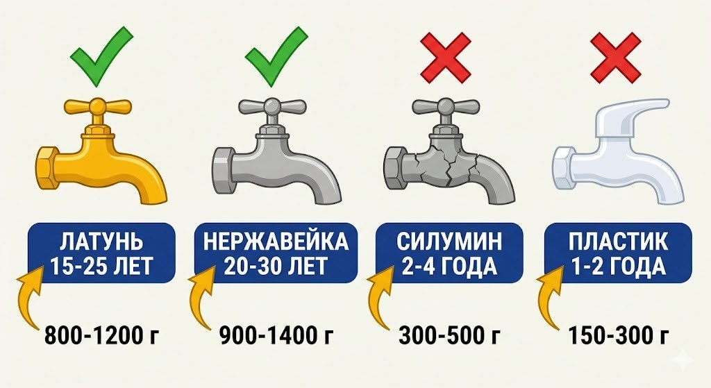Сравнение четырёх материалов смесителей: латунь, нержавеющая сталь, силумин и пластик — инфографика с характеристиками и сроками службы