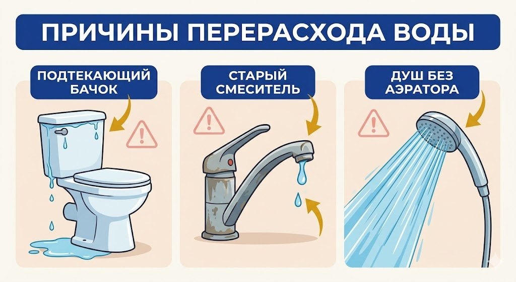 Основные причины перерасхода воды в квартире — подтекающий бачок, старый смеситель, душ без аэратора