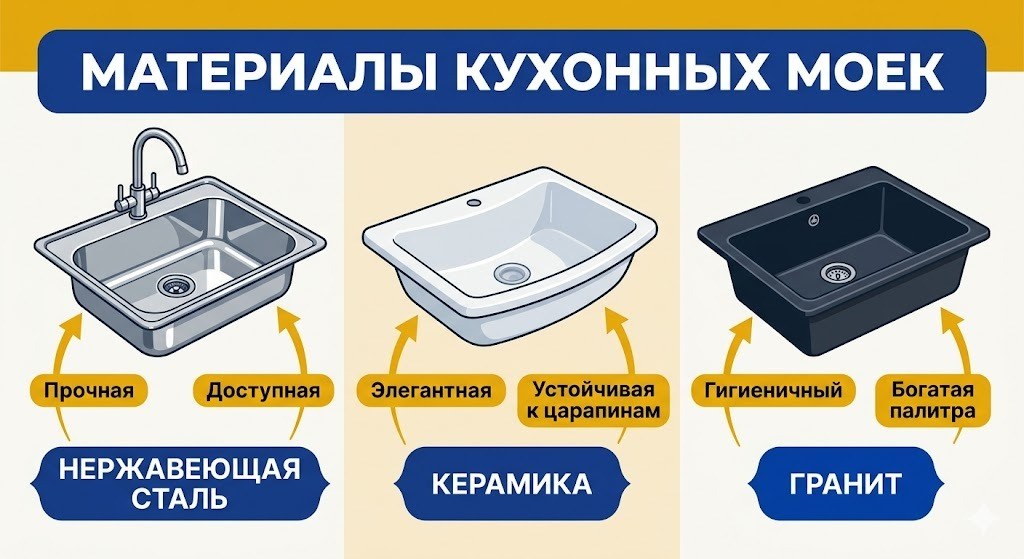 Материалы кухонных моек: нержавейка, гранит, керамика