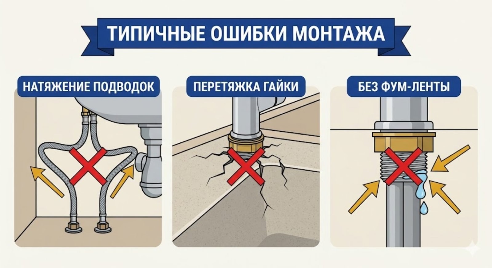 Типичные ошибки при монтаже смесителя на кухне — натяжение подводок, перетяжка гайки, лишняя ФУМ-лента