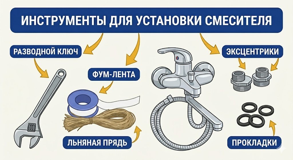 Инструменты для установки смесителя в ванной: разводной ключ, ФУМ-лента, эксцентрики, прокладки