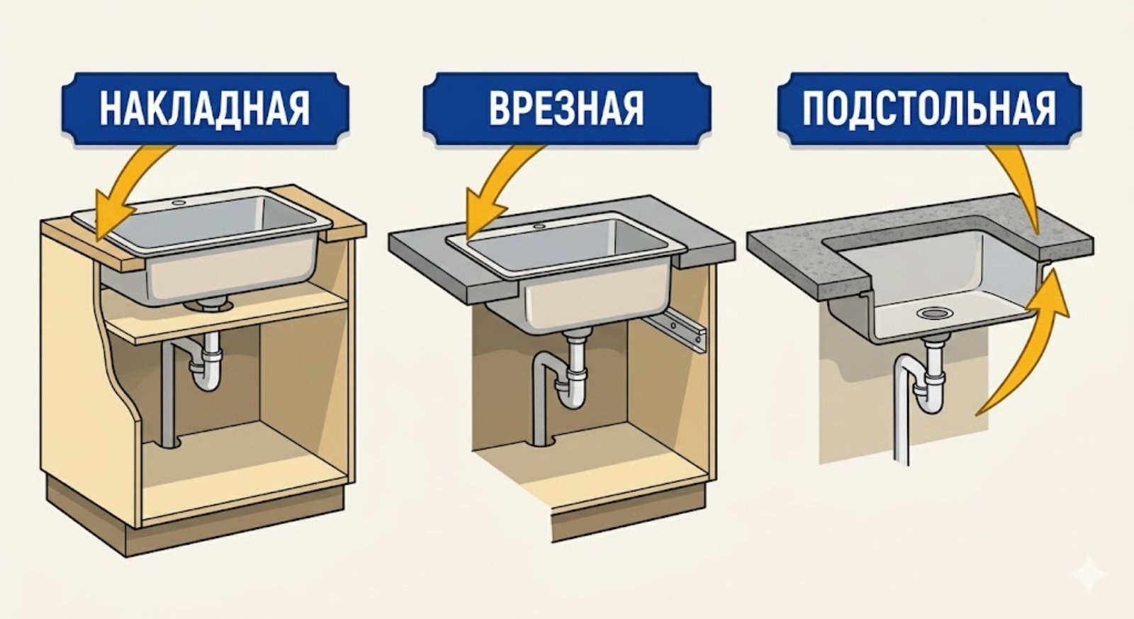 Типы монтажа кухонной мойки — накладная, врезная, подстольная