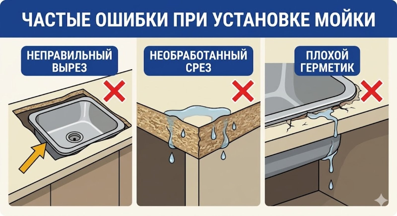 Частые ошибки при установке кухонной мойки — неправильный вырез, необработанный срез, плохой герметик