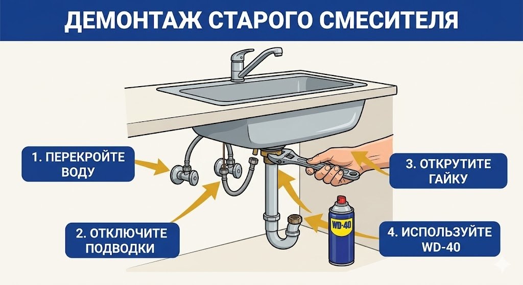 Демонтаж старого кухонного смесителя — откручиваем подводки и крепёж