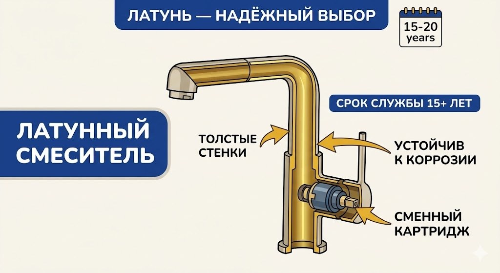 Латунный смеситель в разрезе — толстые стенки и надёжная конструкция