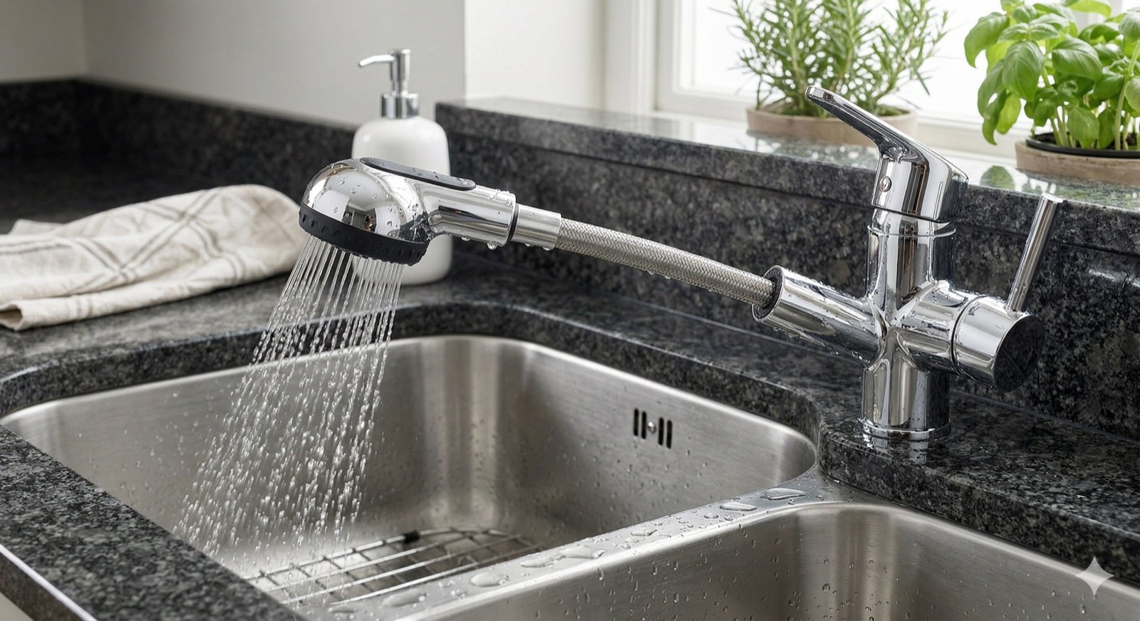 Кухонный смеситель с выдвижной лейкой в действии