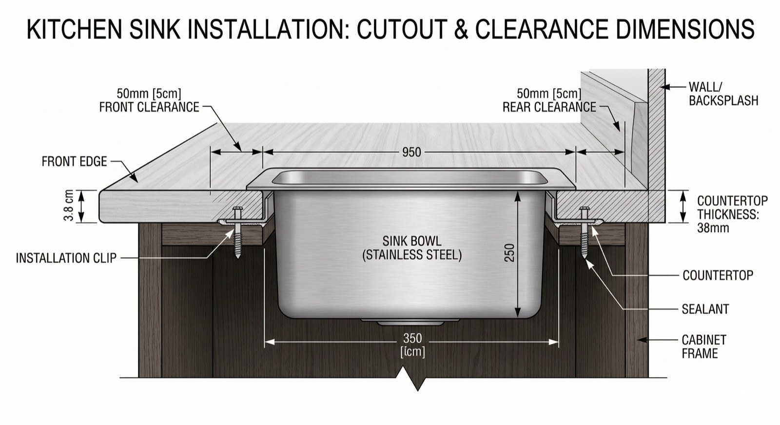 Схема установки мойки — зазоры и размеры
