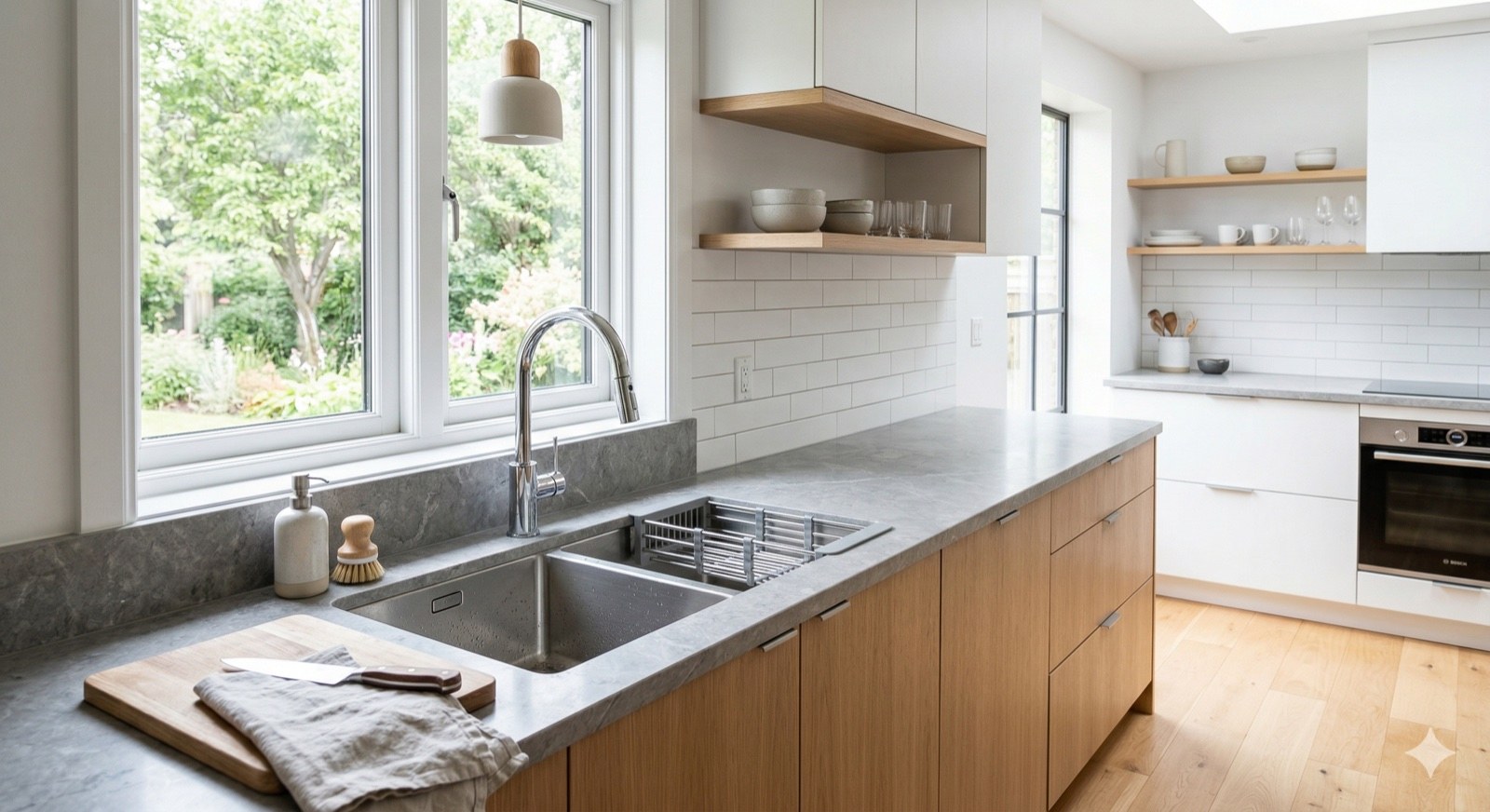 Двойная кухонная мойка в современном интерьере