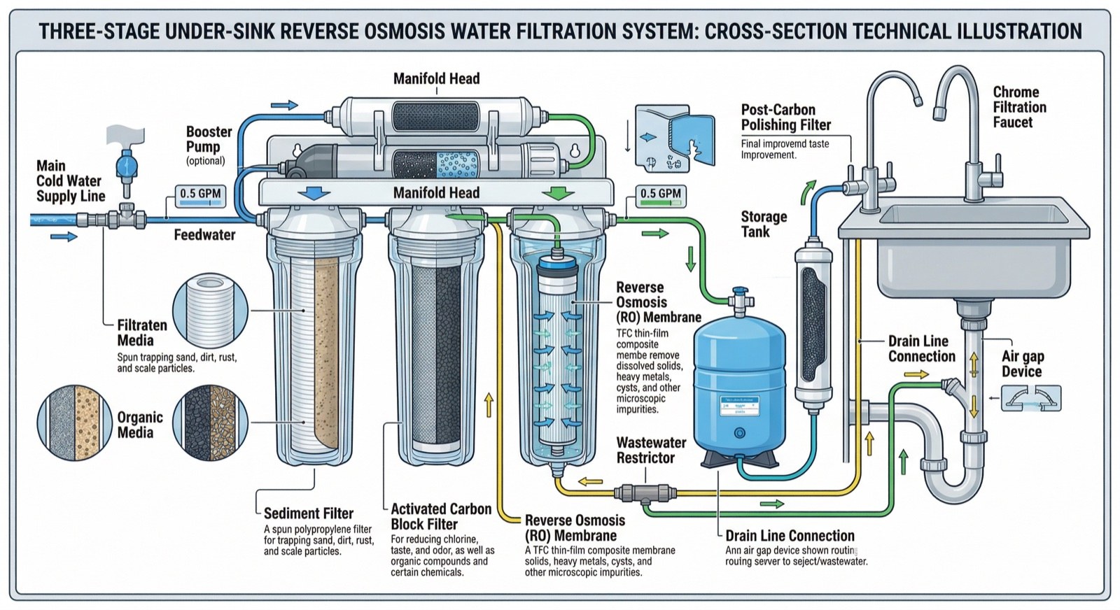 Схема проточного фильтра под мойкой