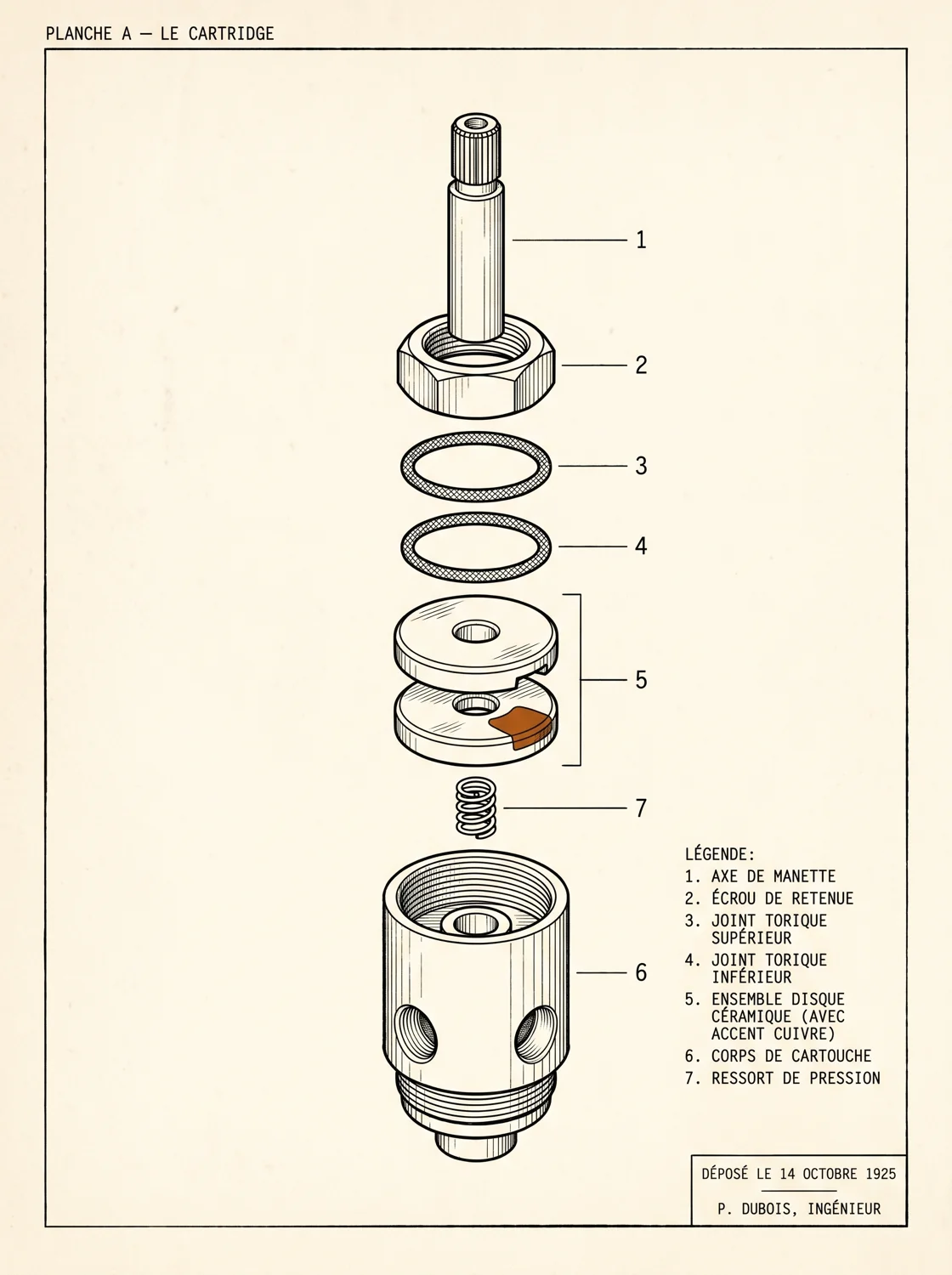 Патентный чертёж керамического картриджа смесителя: эксплозивный вид, нумерованные выноски